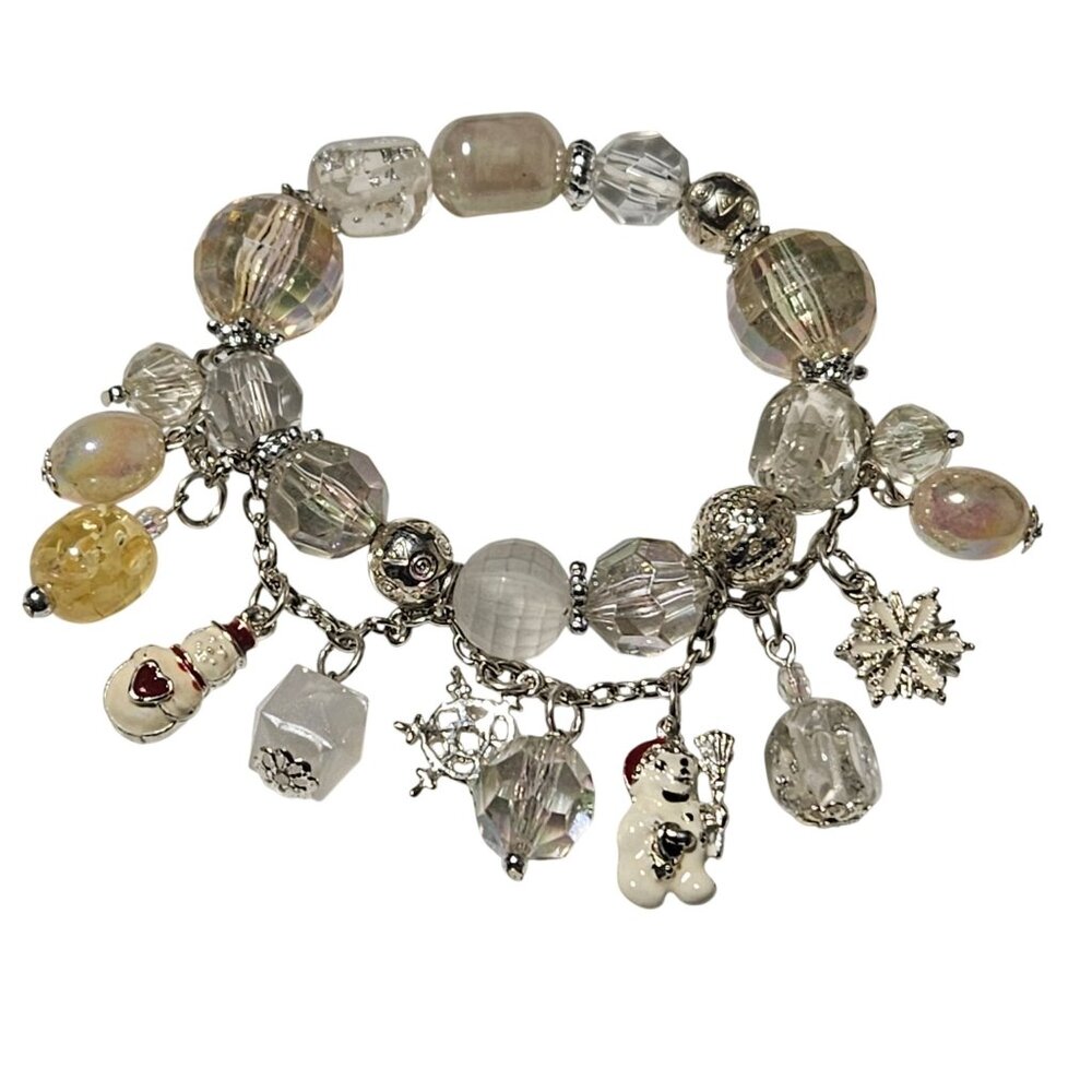 Christmas Charm Bracelet Snowman Snowflake Accents Iridescent Beads Stretch